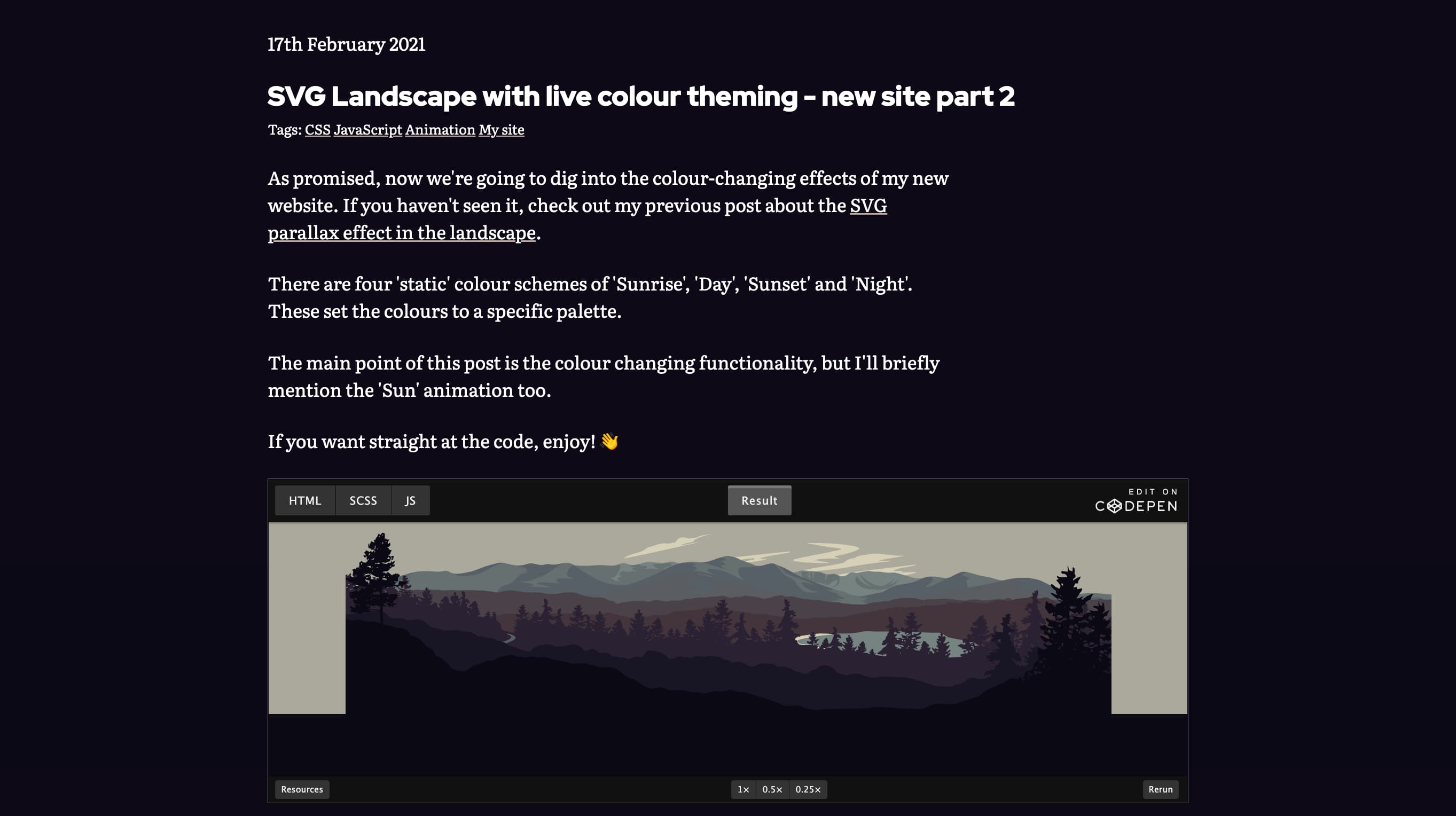 Screenshot of blog post, titled 'SVG Landscape with live colour theming - new site part 2', link in caption