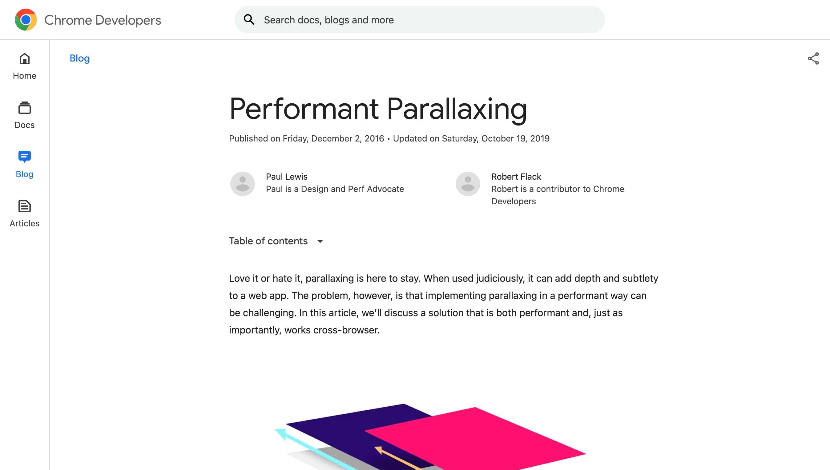 Screenshot of a blog post titled 'Performant Parallaxing' on the Chrome Developers blog. Link in caption