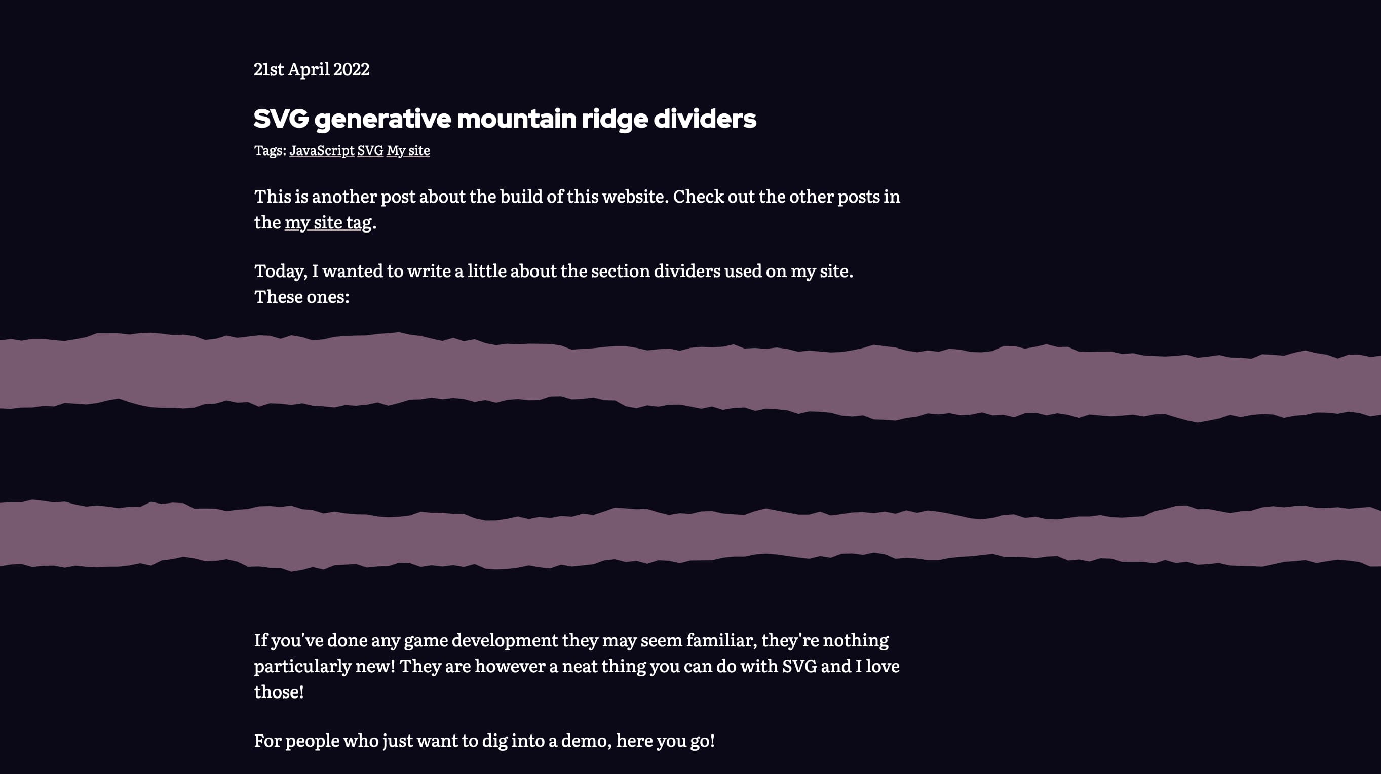 Screenshot of blog post, titled 'SVG generative mountain ridge dividers', link in caption