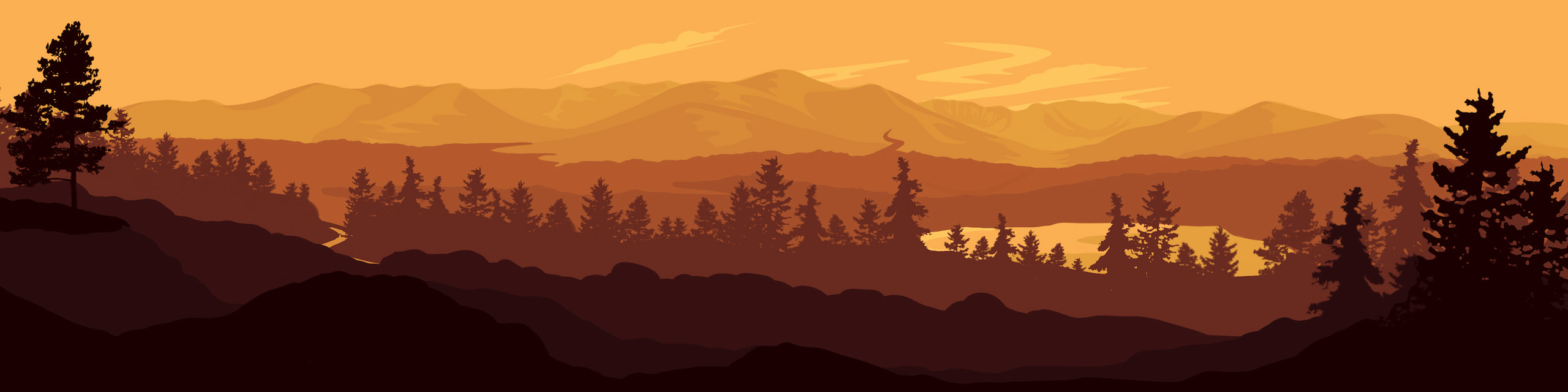 Orange monotone illustration of a landscape. Trees are in the foreground, a loch and forest is in a valley and in the background a mountain range is visible.
