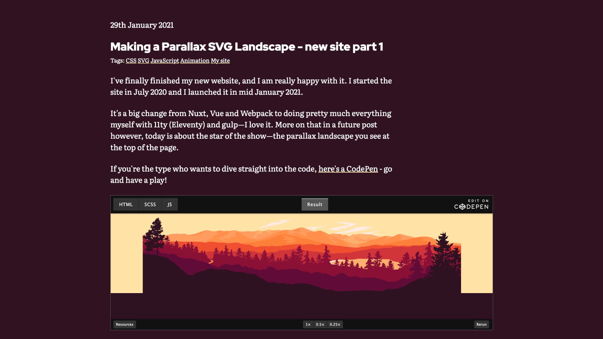 Screenshot of blog post, titled 'Making a Parallax SVG Landscape - new site part 1', link in caption