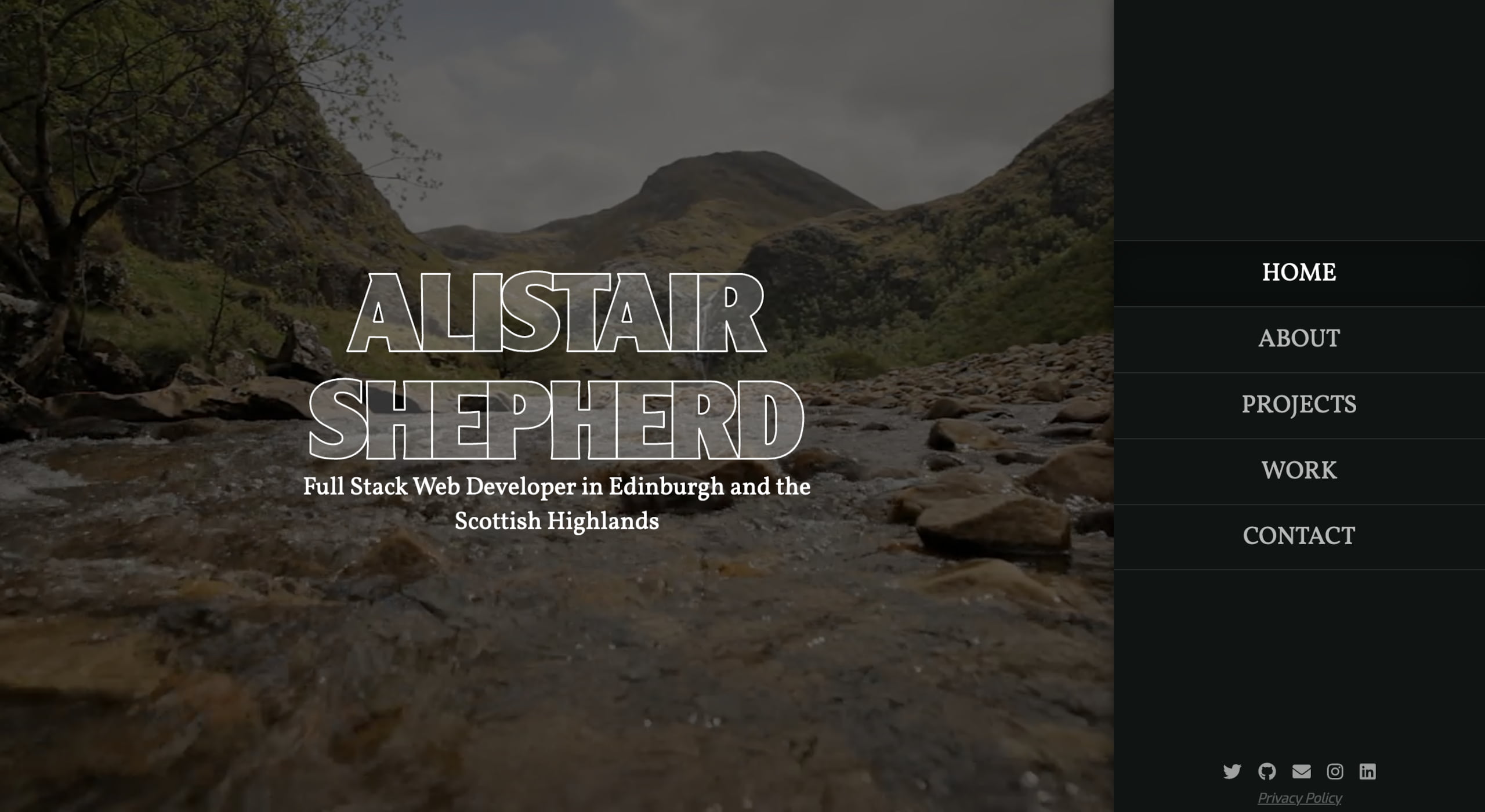 Screenshot of website with title 'Alistair Shepherd - full stack web developer in Edinburgh and the Scottish Highlands'. On the right is a website navigation sidebar and the background has a video of a mountain stream